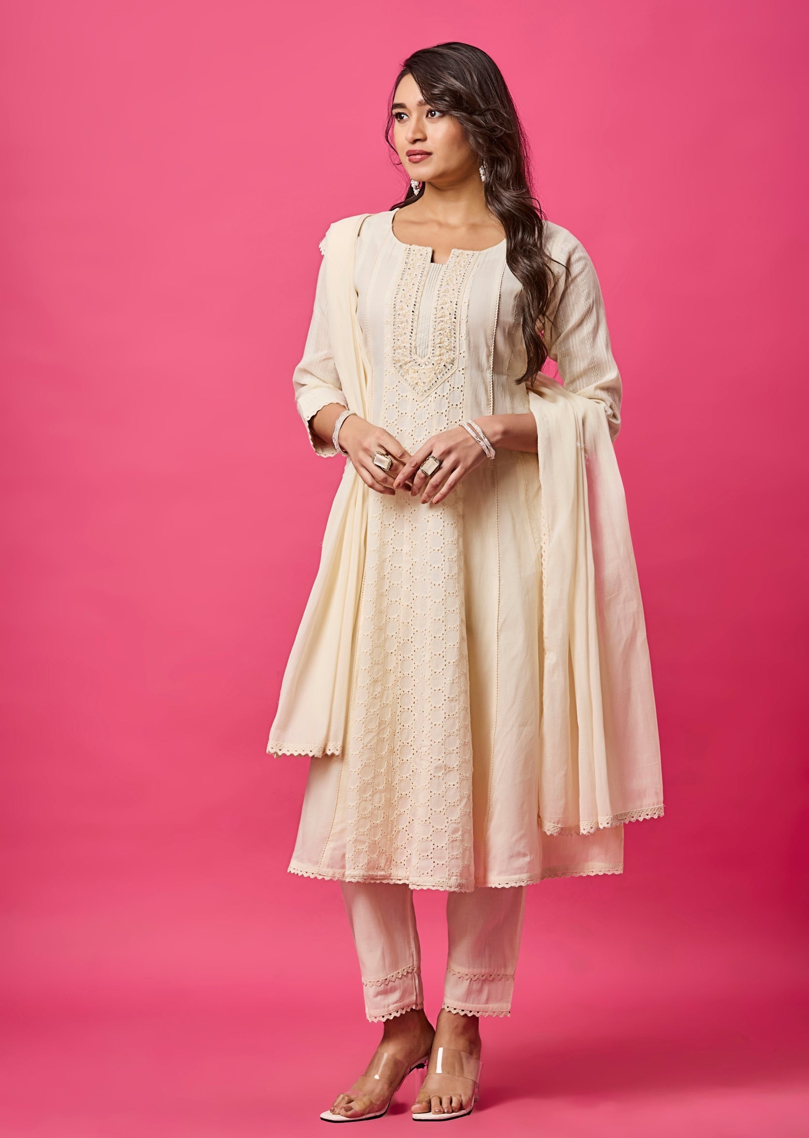 Off White Cotton Anarkali Suit