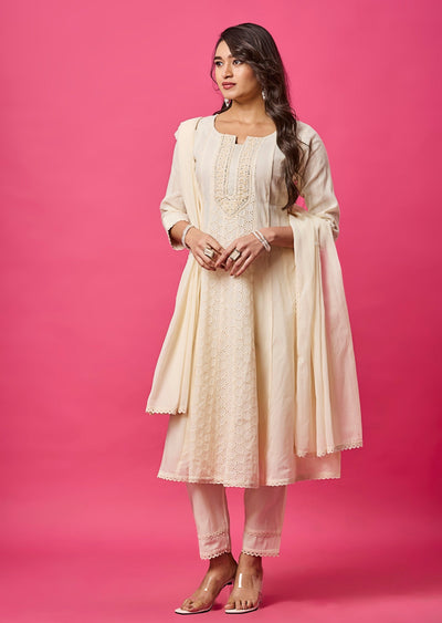 Off White Cotton Anarkali Suit