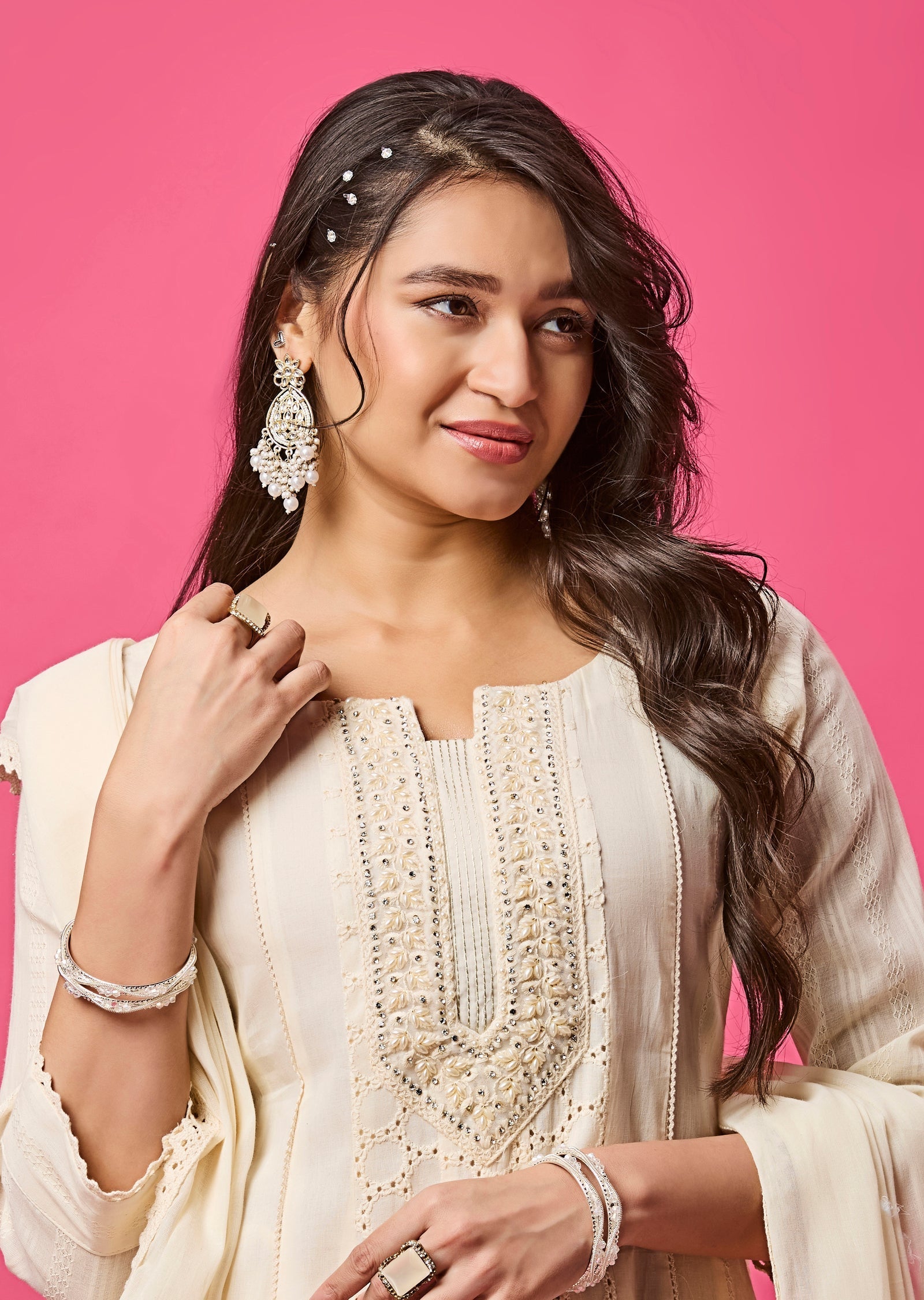 Off White Cotton Anarkali Suit