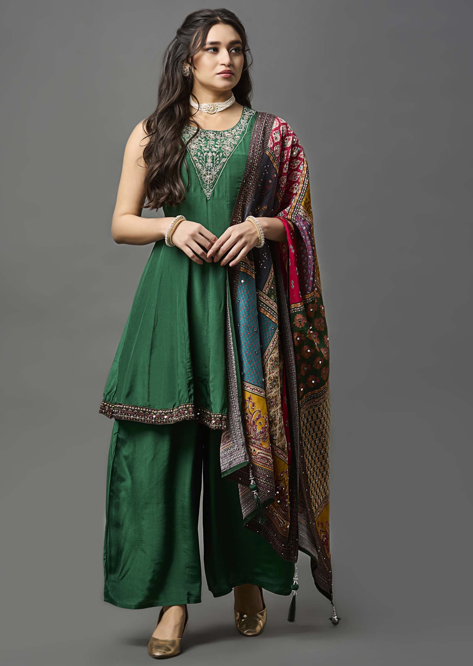Dark Green Crepe Anarkali Suit