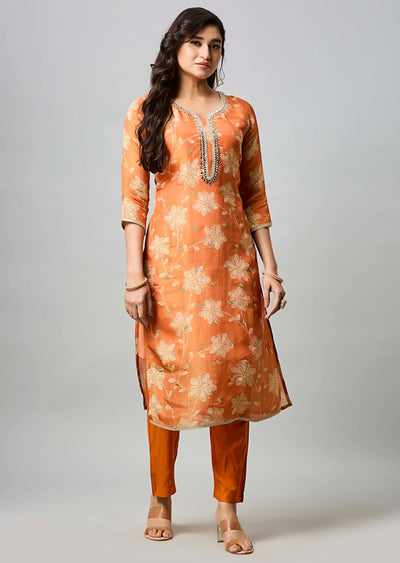 Orange Tissue Silk Straight Cut Kurti