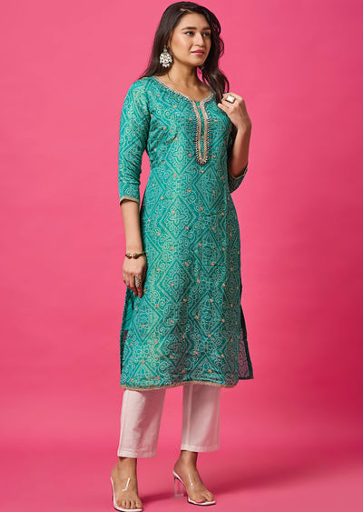 Sea Green Tissue Silk Straight Cut Kurti