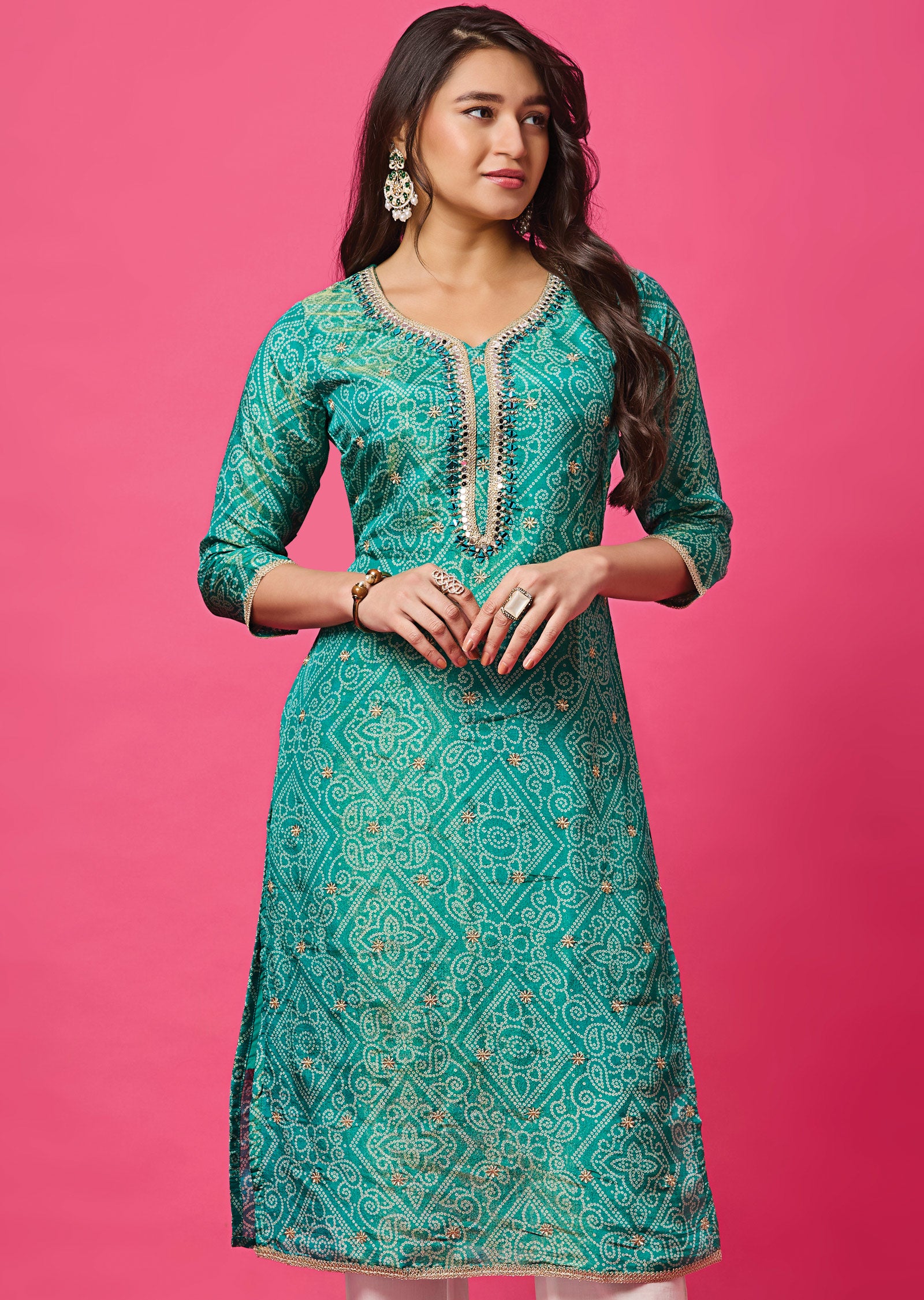 Sea Green Tissue Silk Straight Cut Kurti