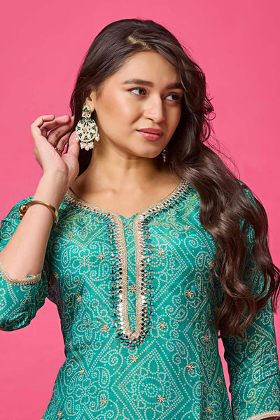 Sea Green Tissue Silk Straight Cut Kurti