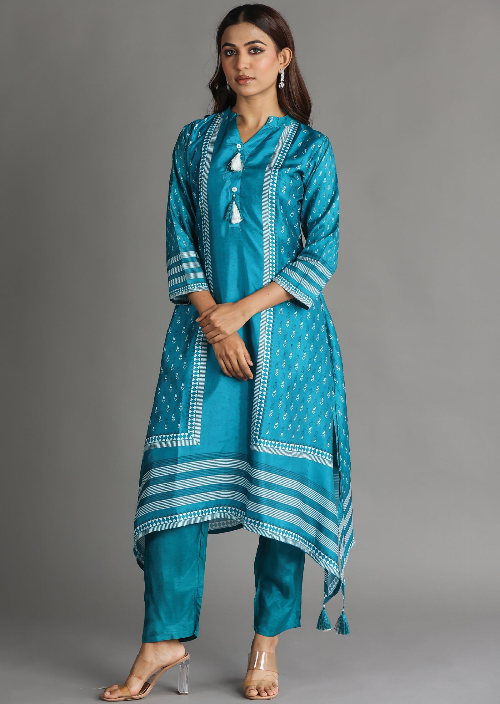 Rama Blue Silk Straight Cut Kurti Set
