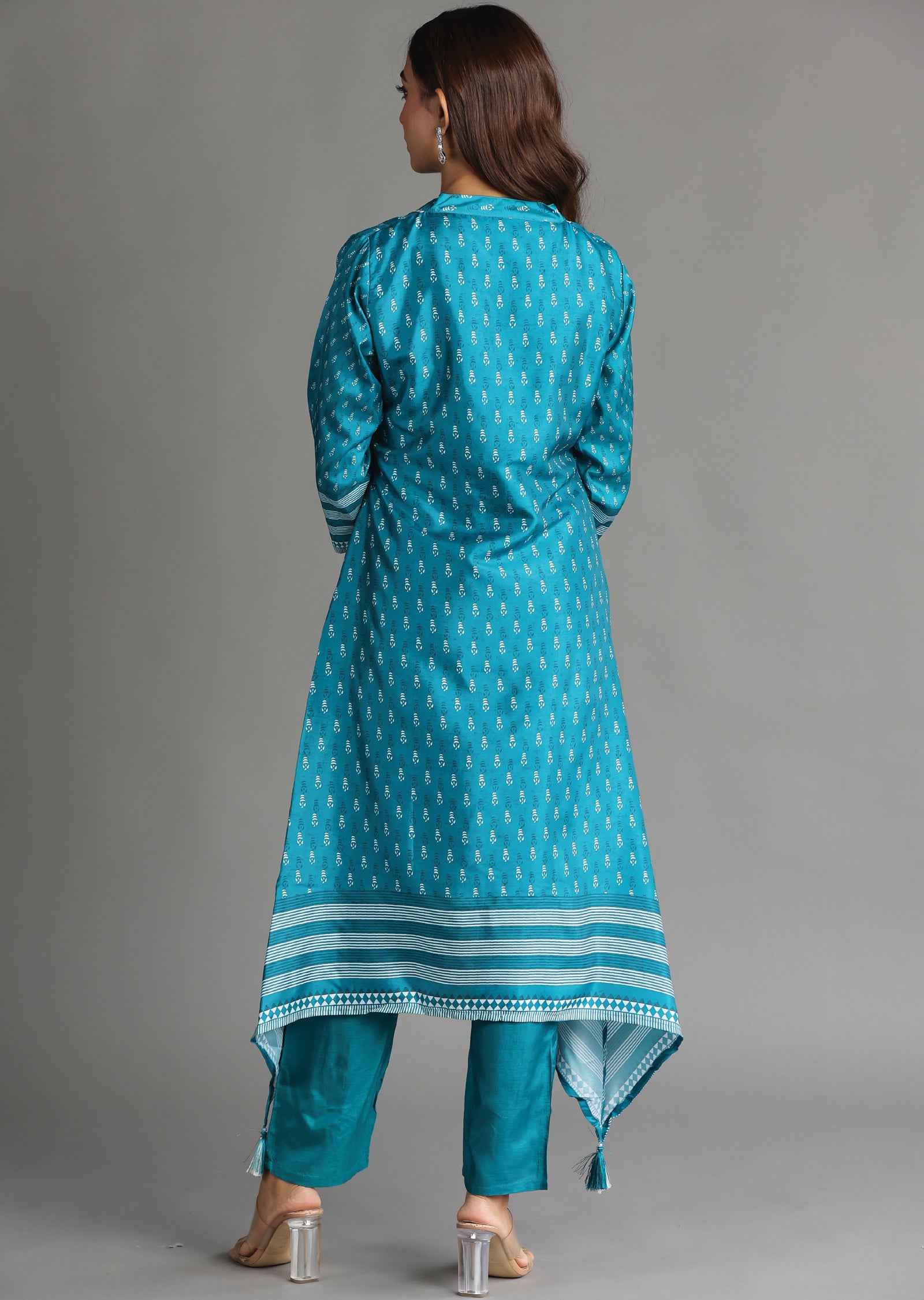 Rama Blue Silk Straight Cut Kurti Set