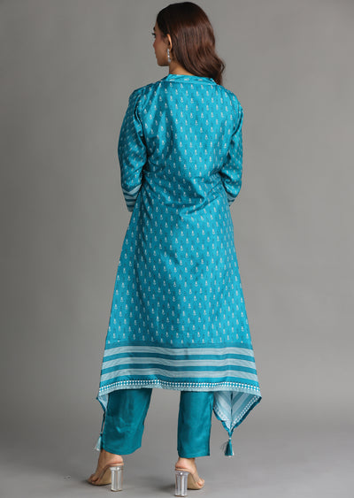 Rama Blue Silk Straight Cut Kurti Set