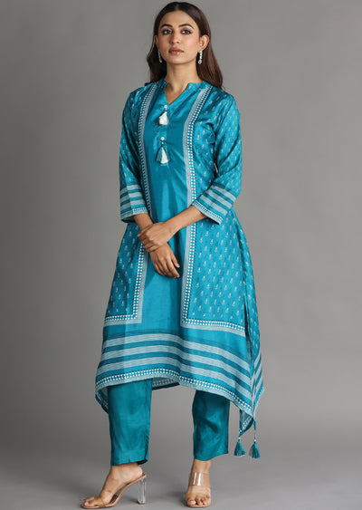 Rama Blue Silk Straight Cut Kurti Set