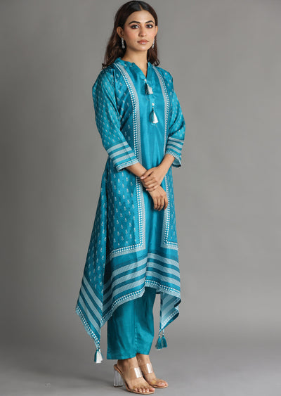 Rama Blue Silk Straight Cut Kurti Set