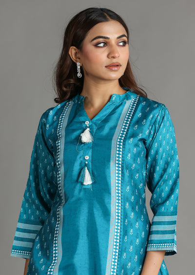 Rama Blue Silk Straight Cut Kurti Set