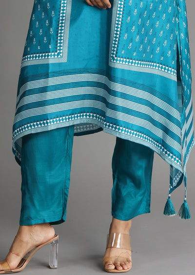 Rama Blue Silk Straight Cut Kurti Set