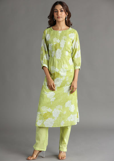 Light Green Cotton Straight Cut Kurti Set