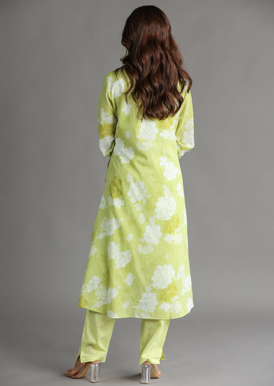 Light Green Cotton Straight Cut Kurti Set