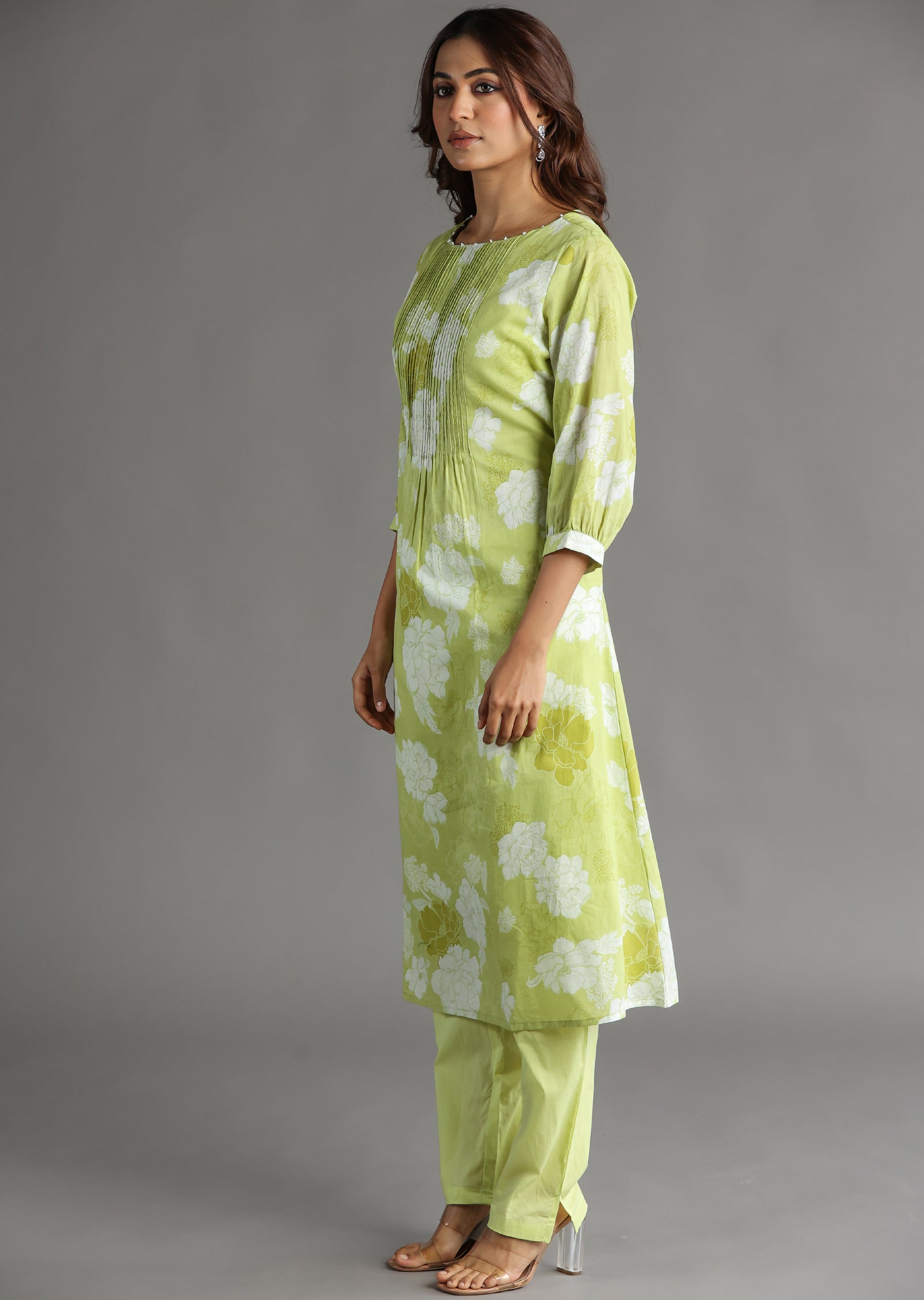 Light Green Cotton Straight Cut Kurti Set