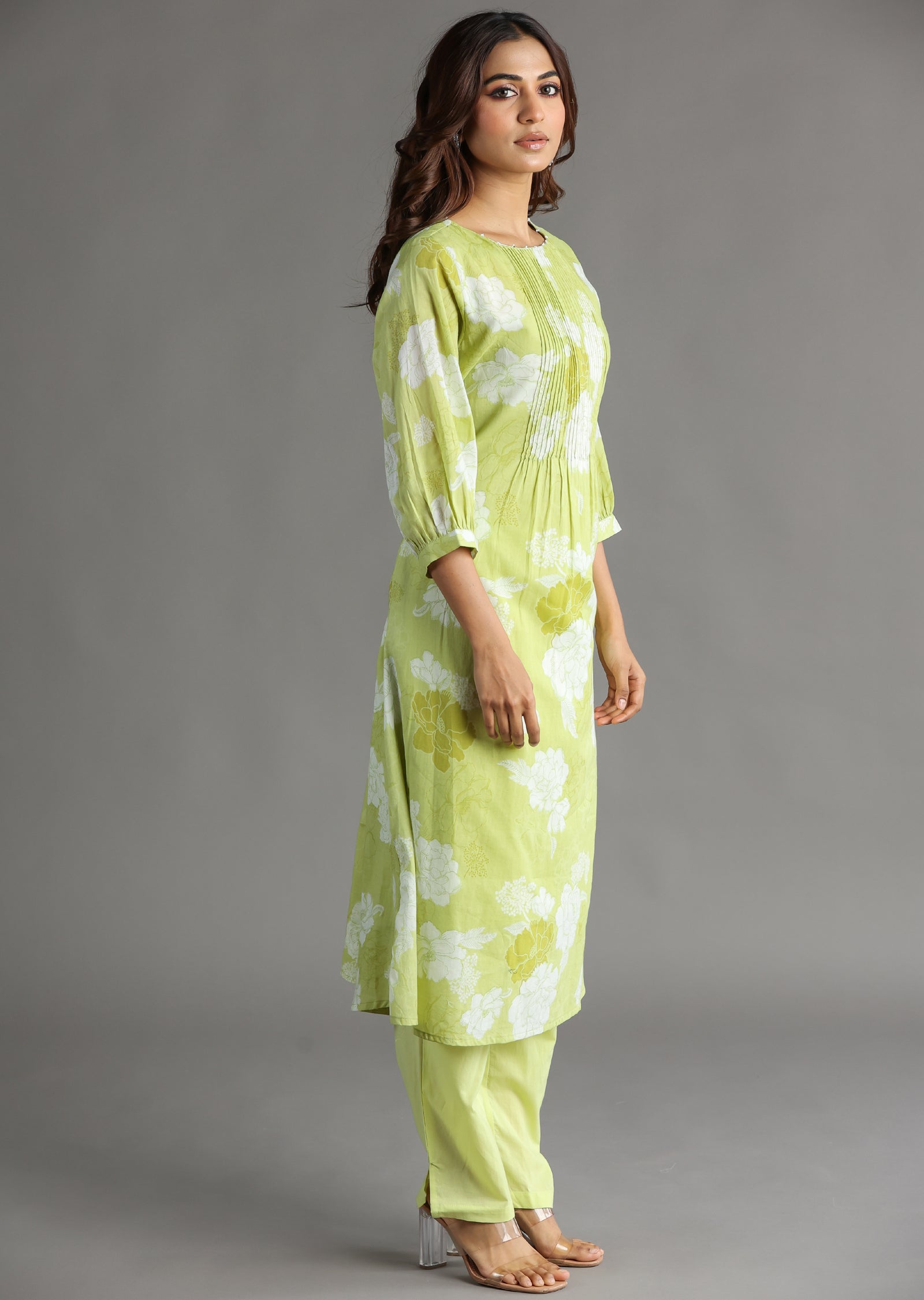 Light Green Cotton Straight Cut Kurti Set