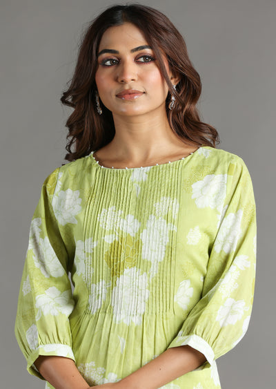 Light Green Cotton Straight Cut Kurti Set