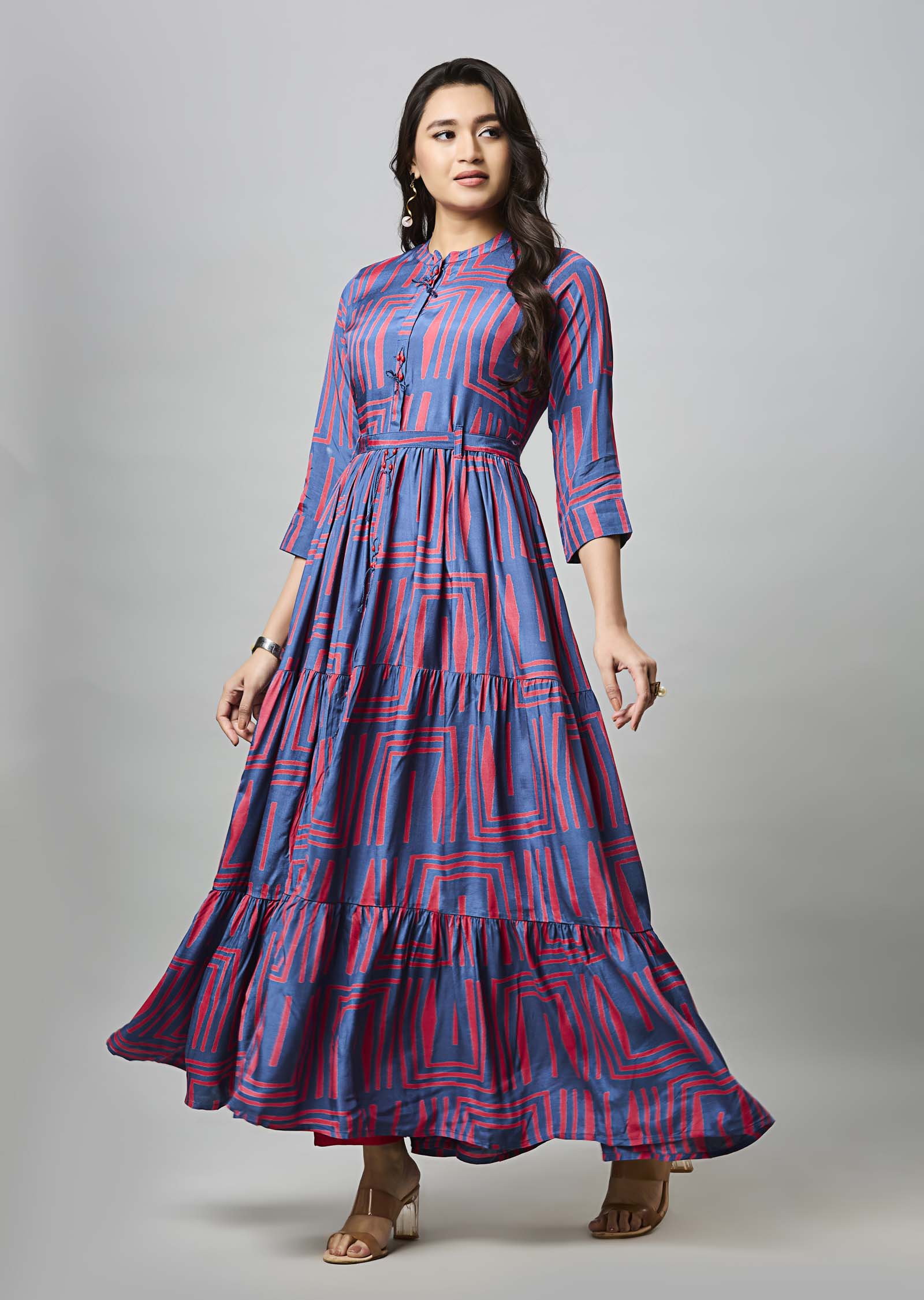 Teal Blue & Pink Muslin Long Dress