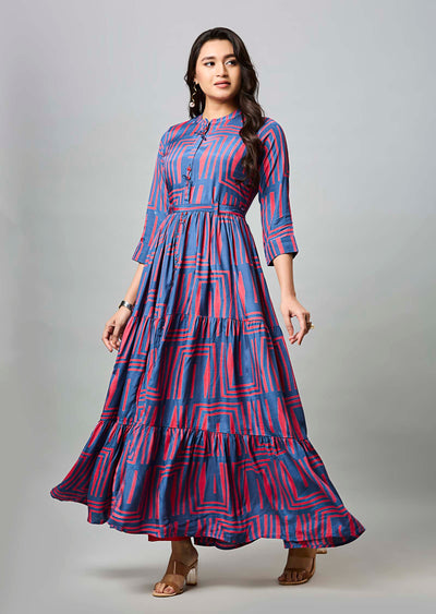 Teal Blue & Pink Muslin Long Dress