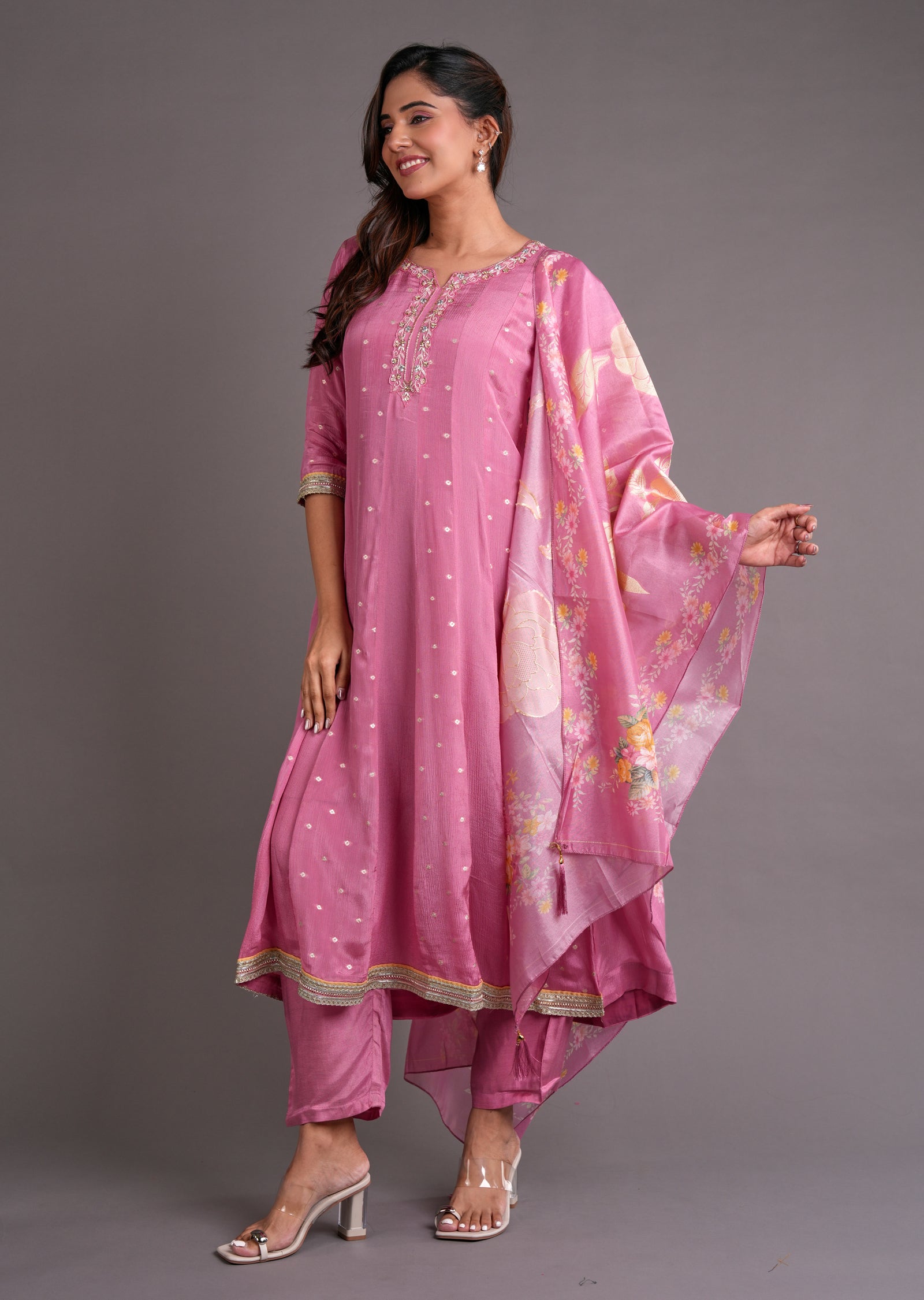 Pink Chinnon Anarkali Suit