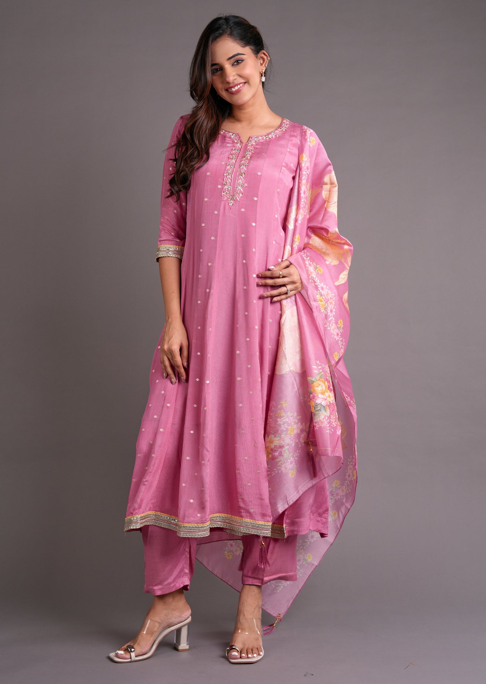 Pink Chinnon Anarkali Suit