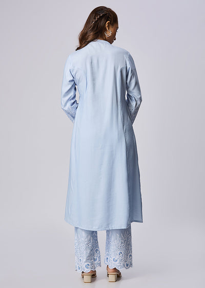 Sky Blue Silk Straight Cut Kurti Set