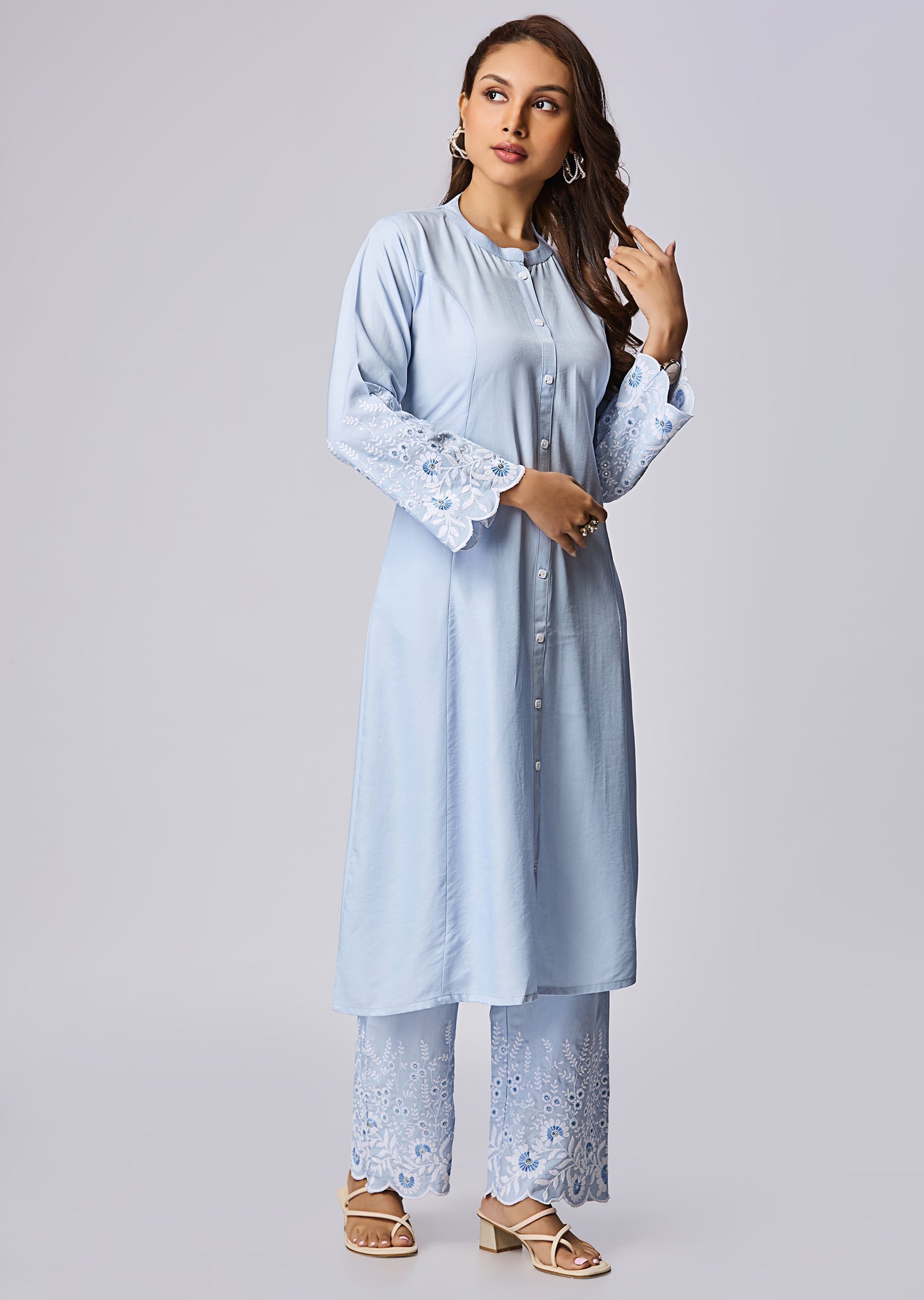 Sky Blue Silk Straight Cut Kurti Set
