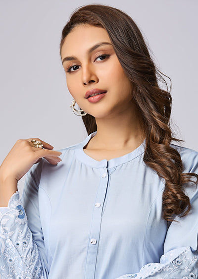 Sky Blue Silk Straight Cut Kurti Set