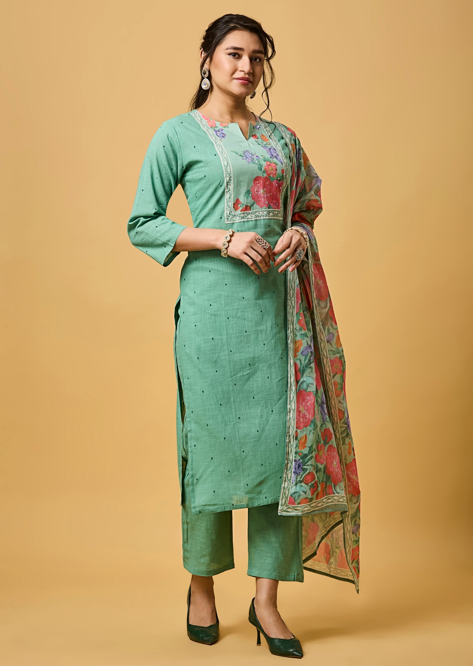 Dusty Green Cotton Straight Cut Kurti Set