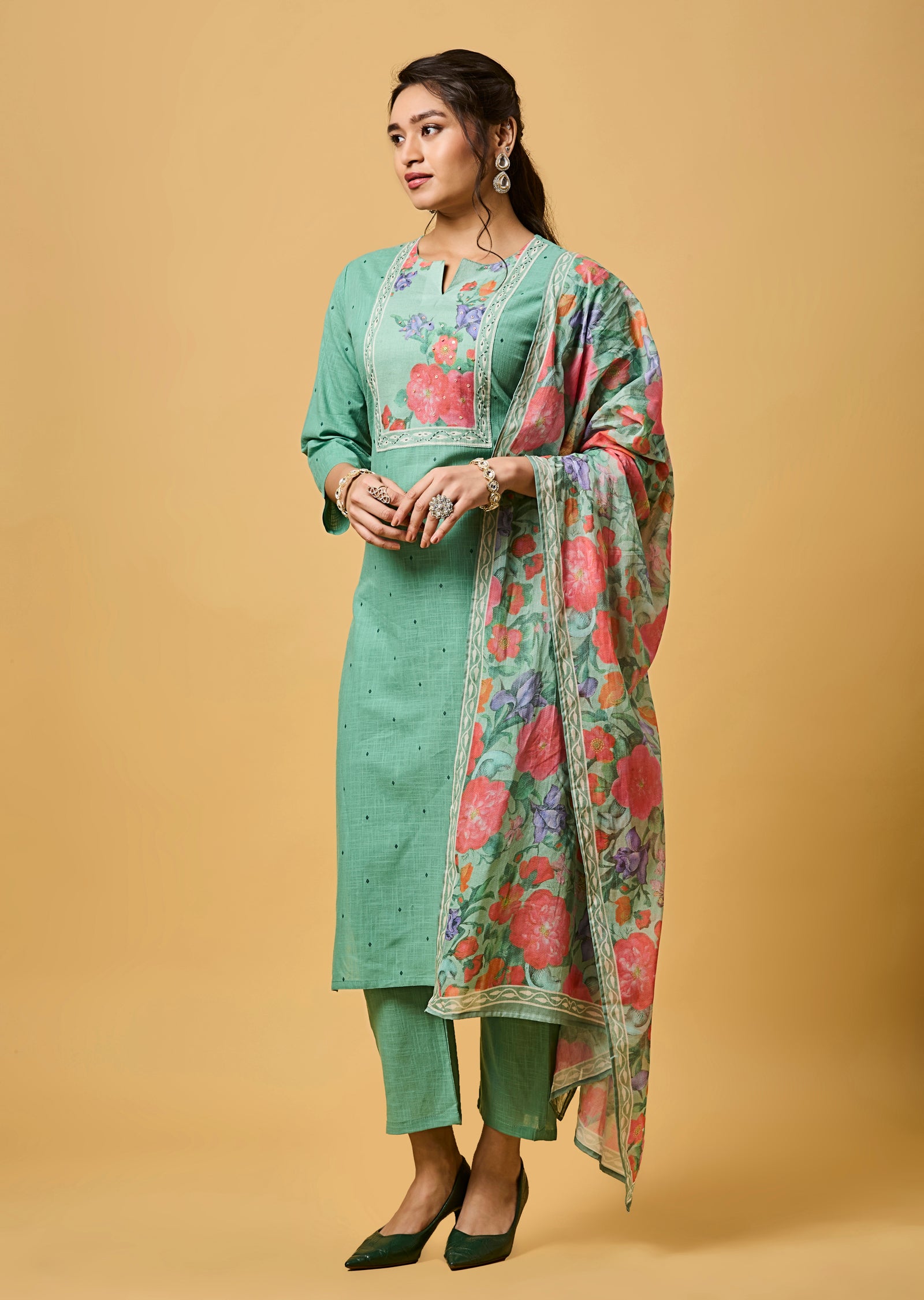 Dusty Green Cotton Straight Cut Kurti Set