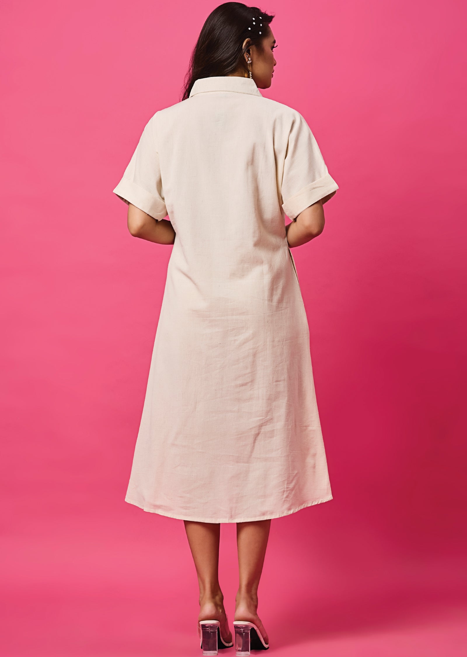 Off White Linen Cotton Midi Dress