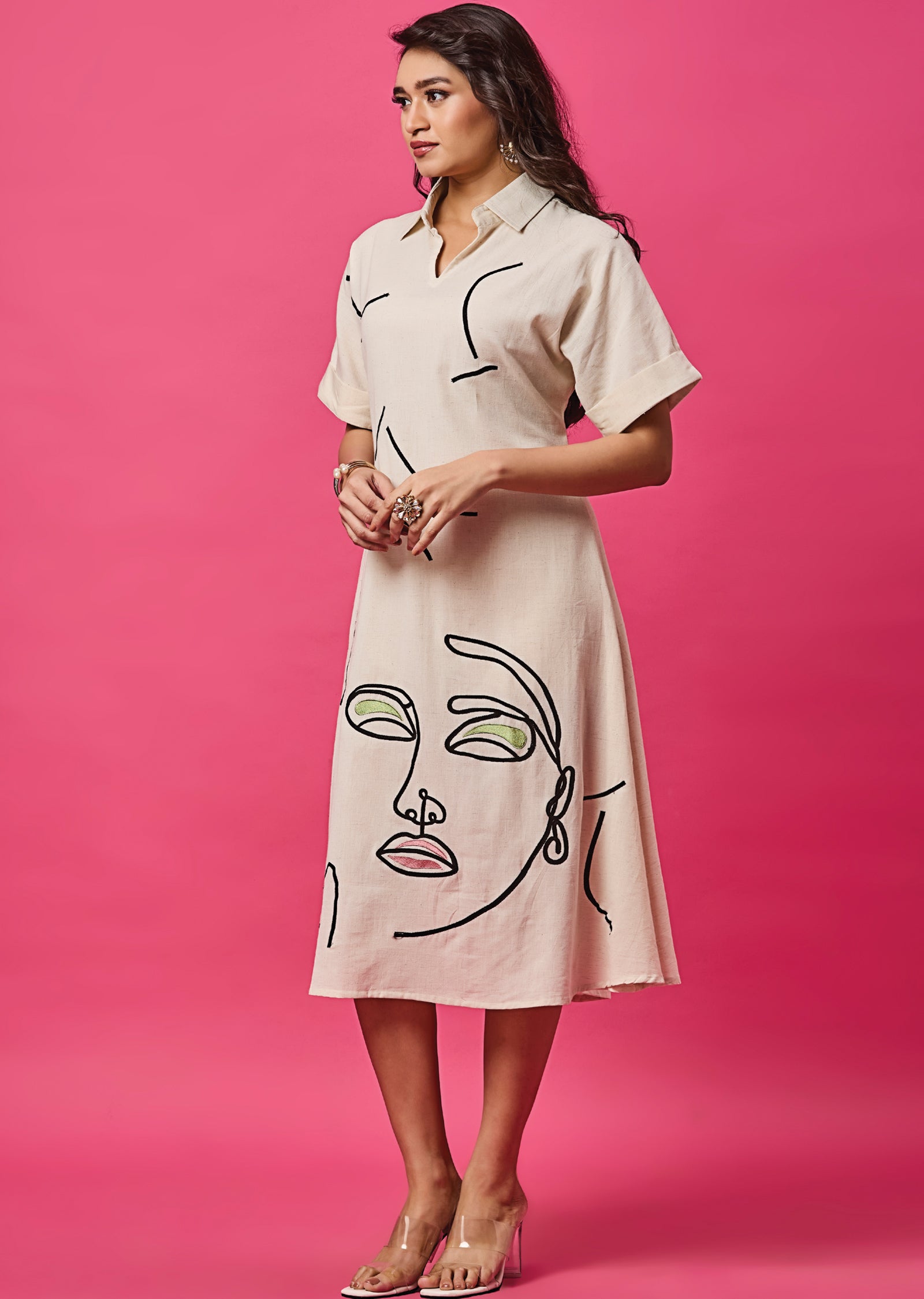 Off White Linen Cotton Midi Dress