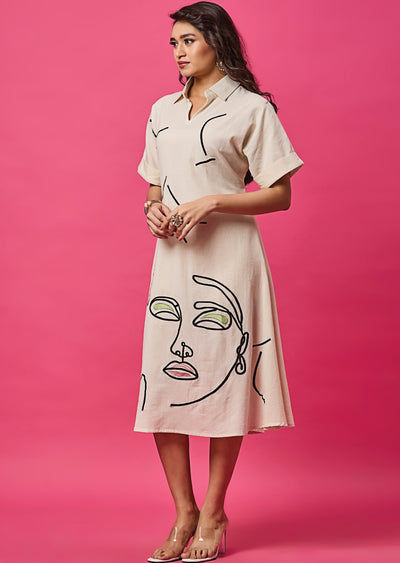 Off White Linen Cotton Midi Dress