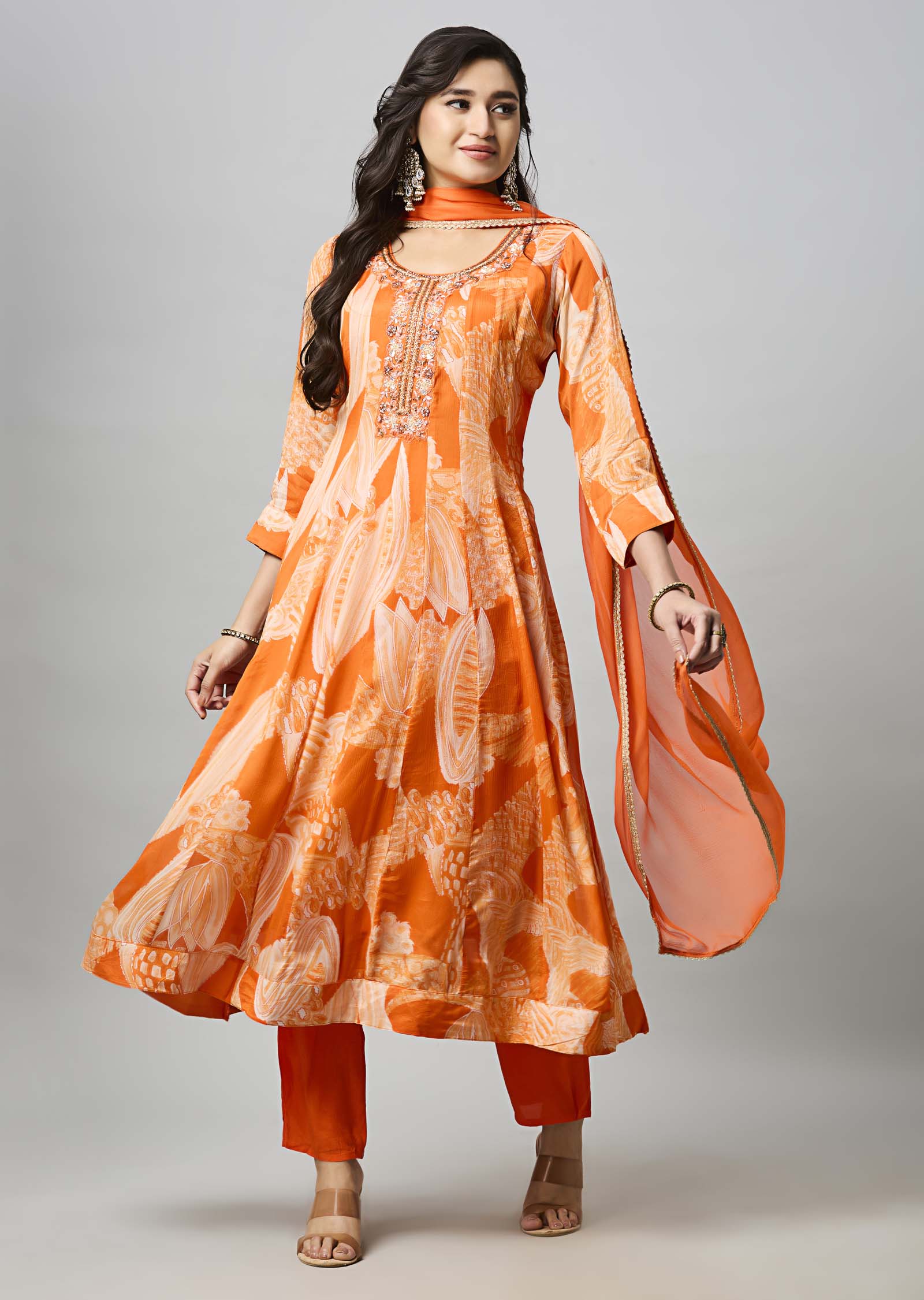 Orange Chinnon Anarkali Suit