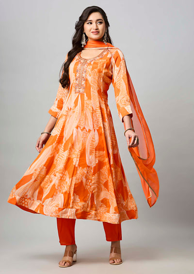 Orange Chinnon Anarkali Suit