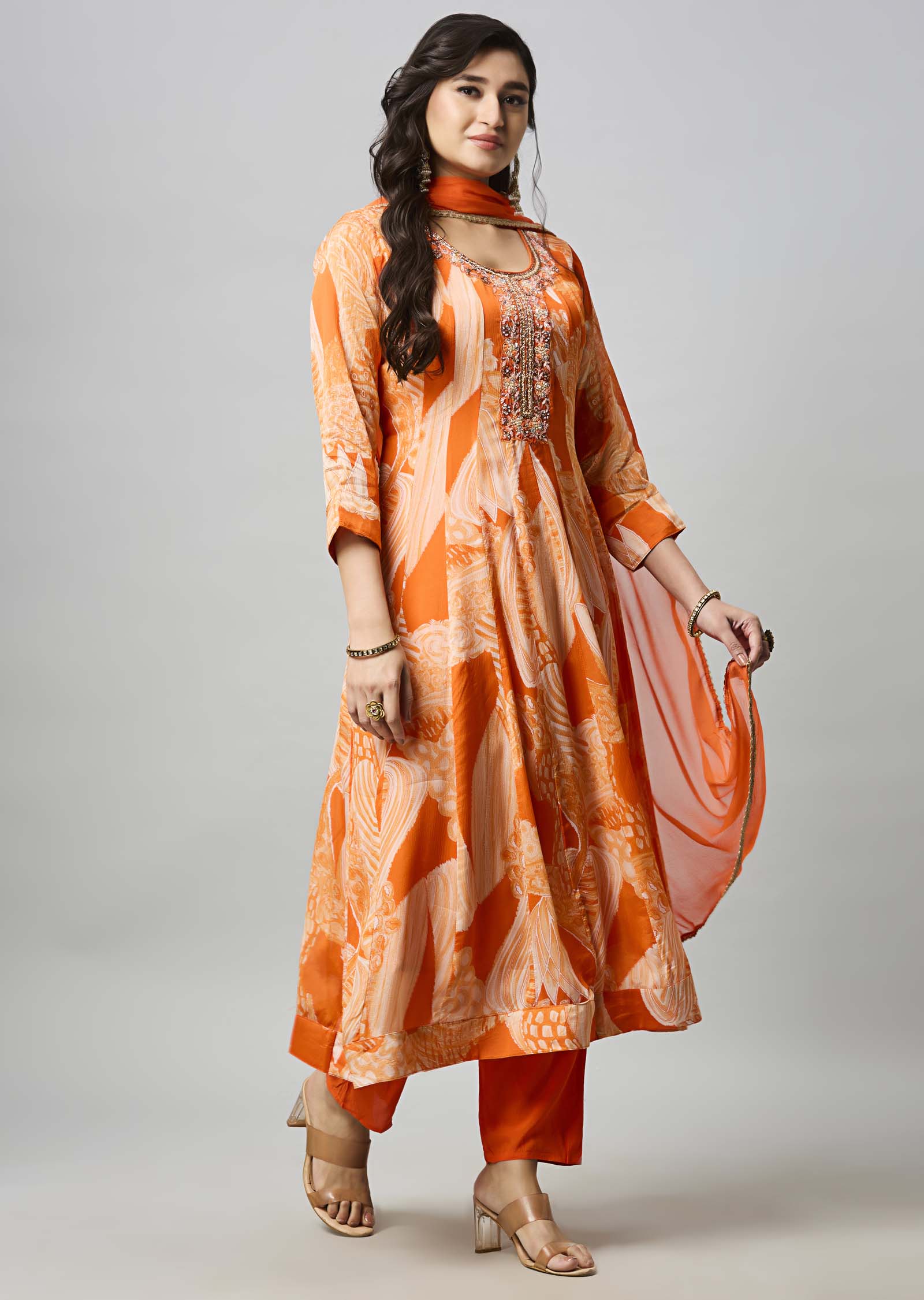 Orange Chinnon Anarkali Suit