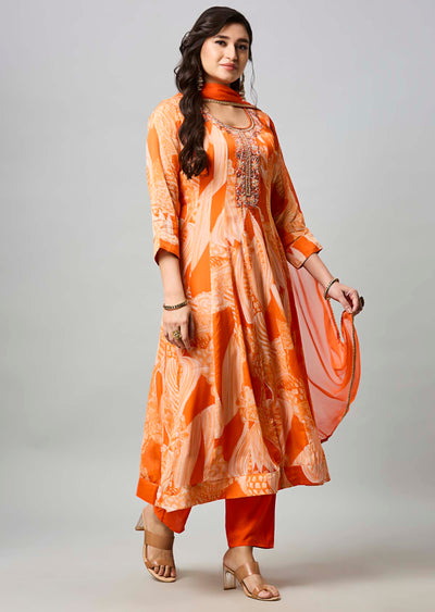 Orange Chinnon Anarkali Suit