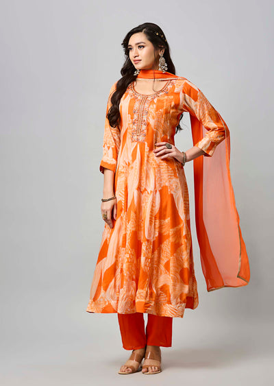 Orange Chinnon Anarkali Suit
