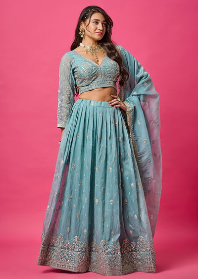 Dusty Blue Organza Lehenga