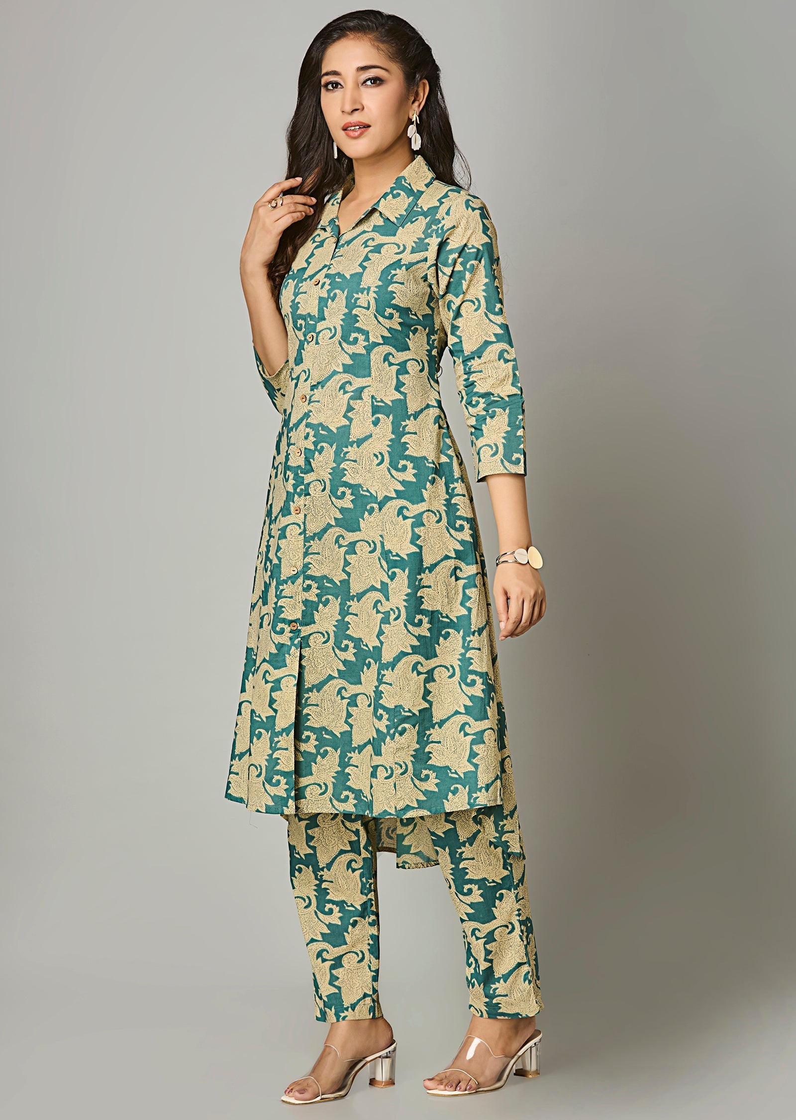 Green Cotton Straight Cut Kurti Set