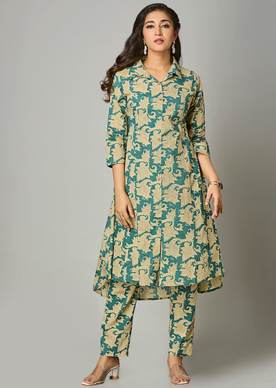 Green Cotton Straight Cut Kurti Set
