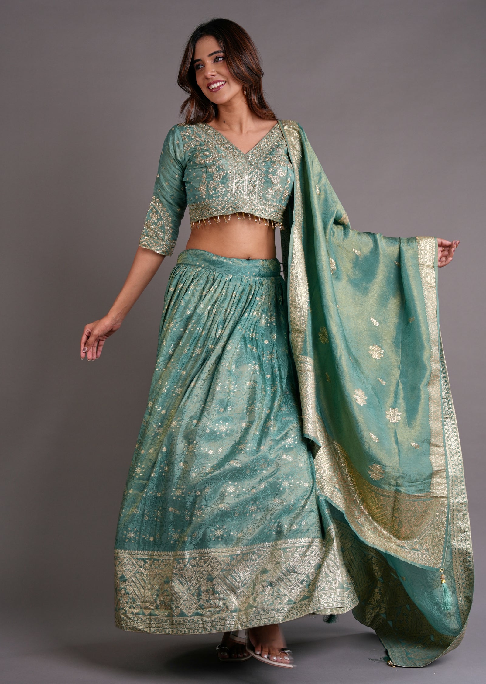 Dusty Green Tissue Silk Lehenga