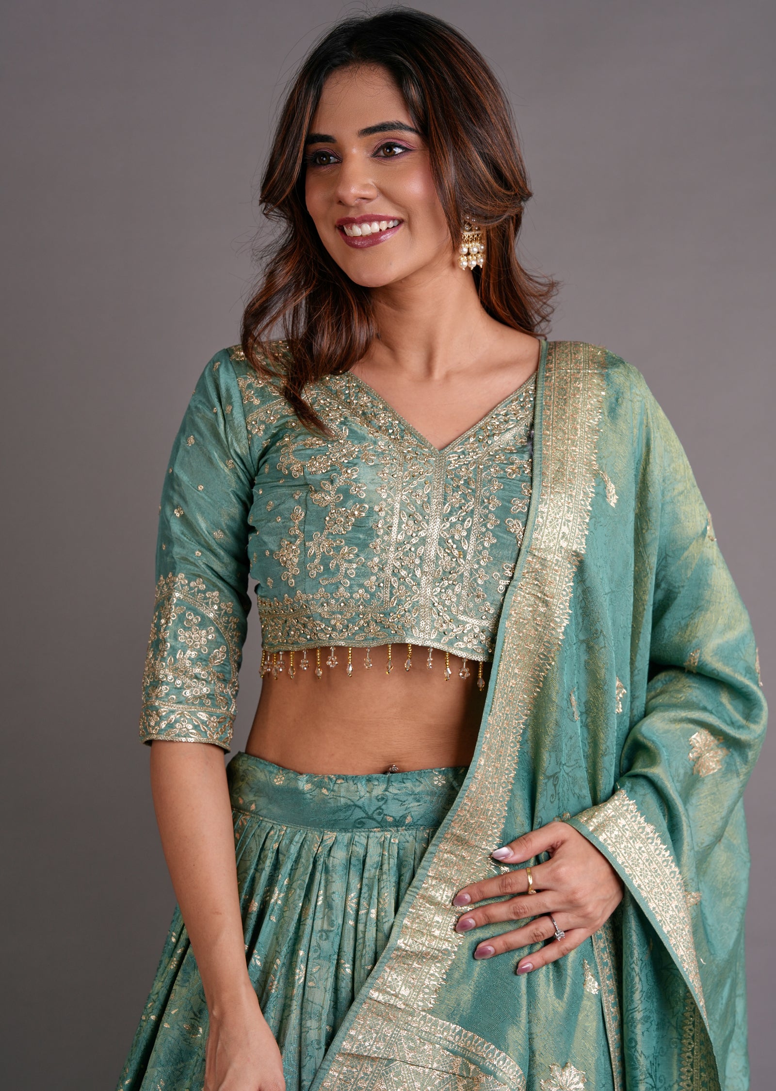 Dusty Green Tissue Silk Lehenga