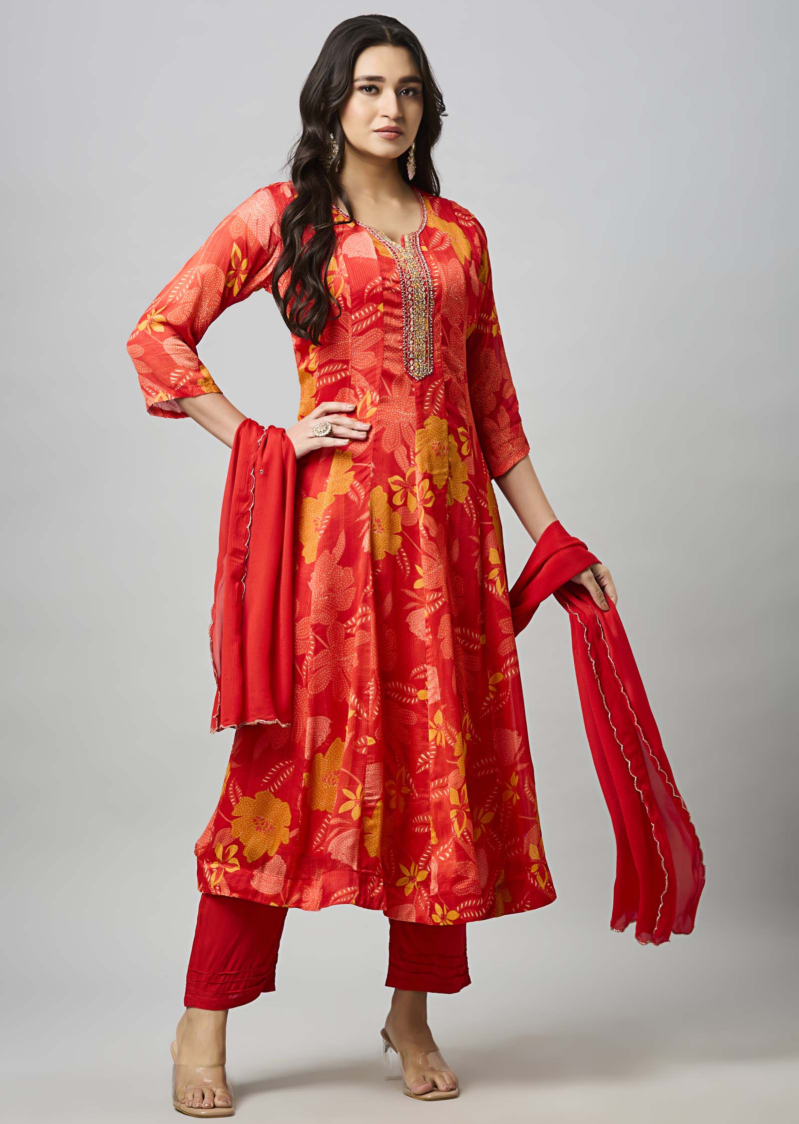 Red Chinnon Anarkali Suit