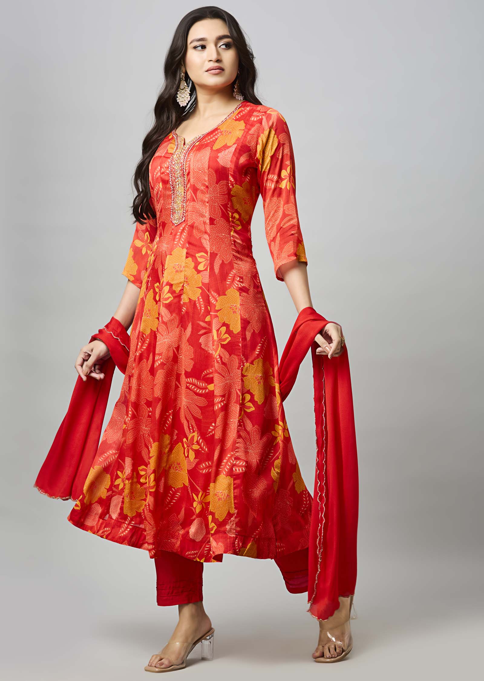 Red Chinnon Anarkali Suit