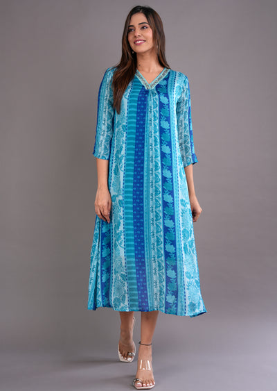 Blue Chinnon Midi Dress