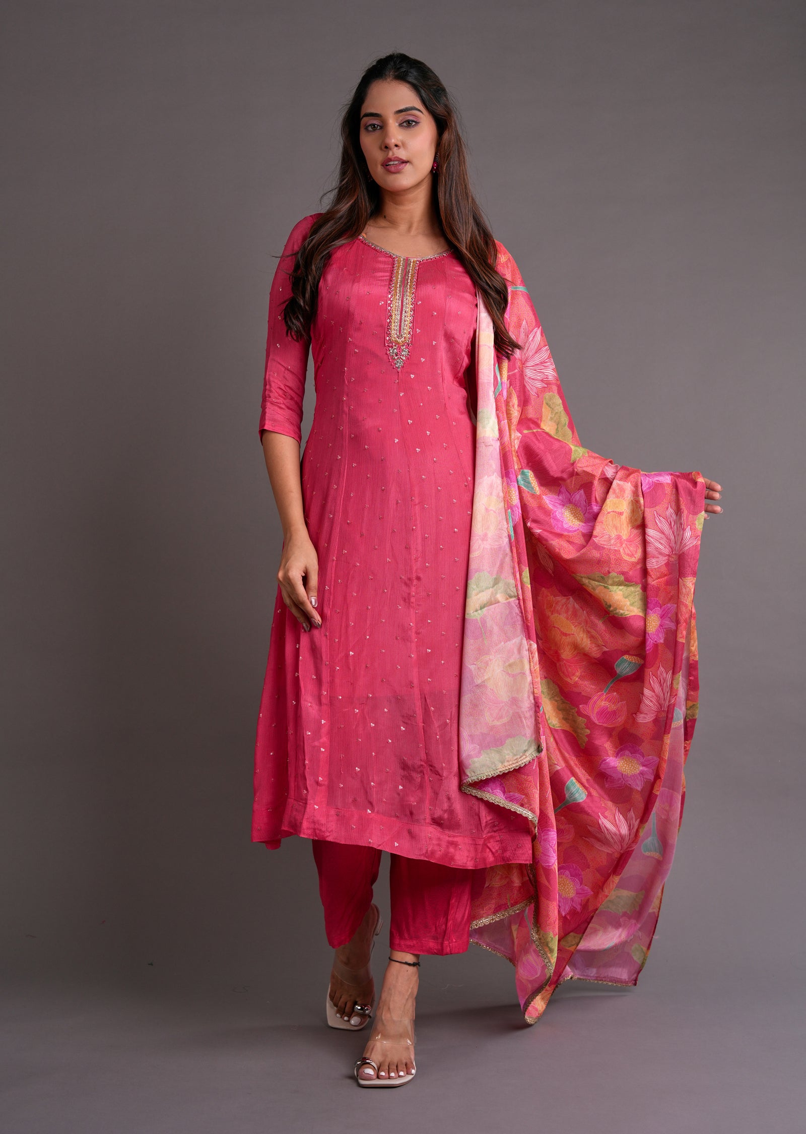 Dark Pink Chinnon Anarkali Suit