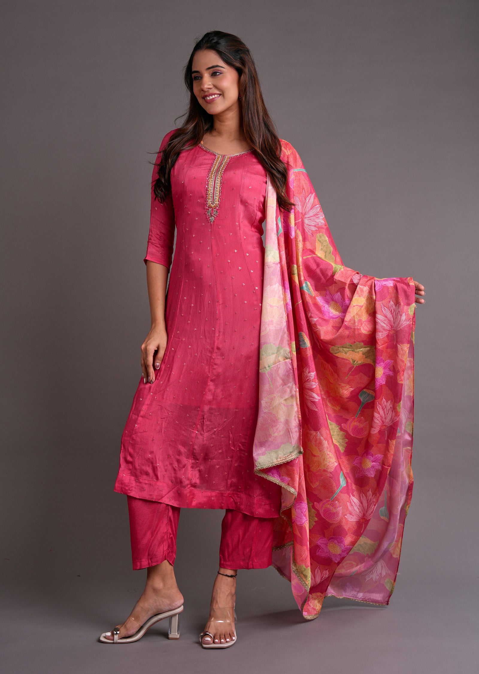 Dark Pink Chinnon Anarkali Suit