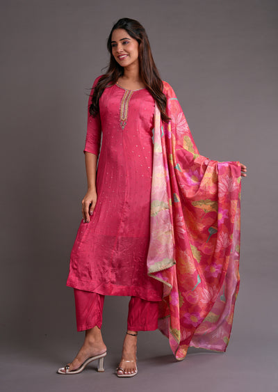 Dark Pink Chinnon Anarkali Suit