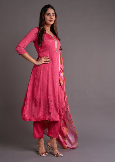 Dark Pink Chinnon Anarkali Suit