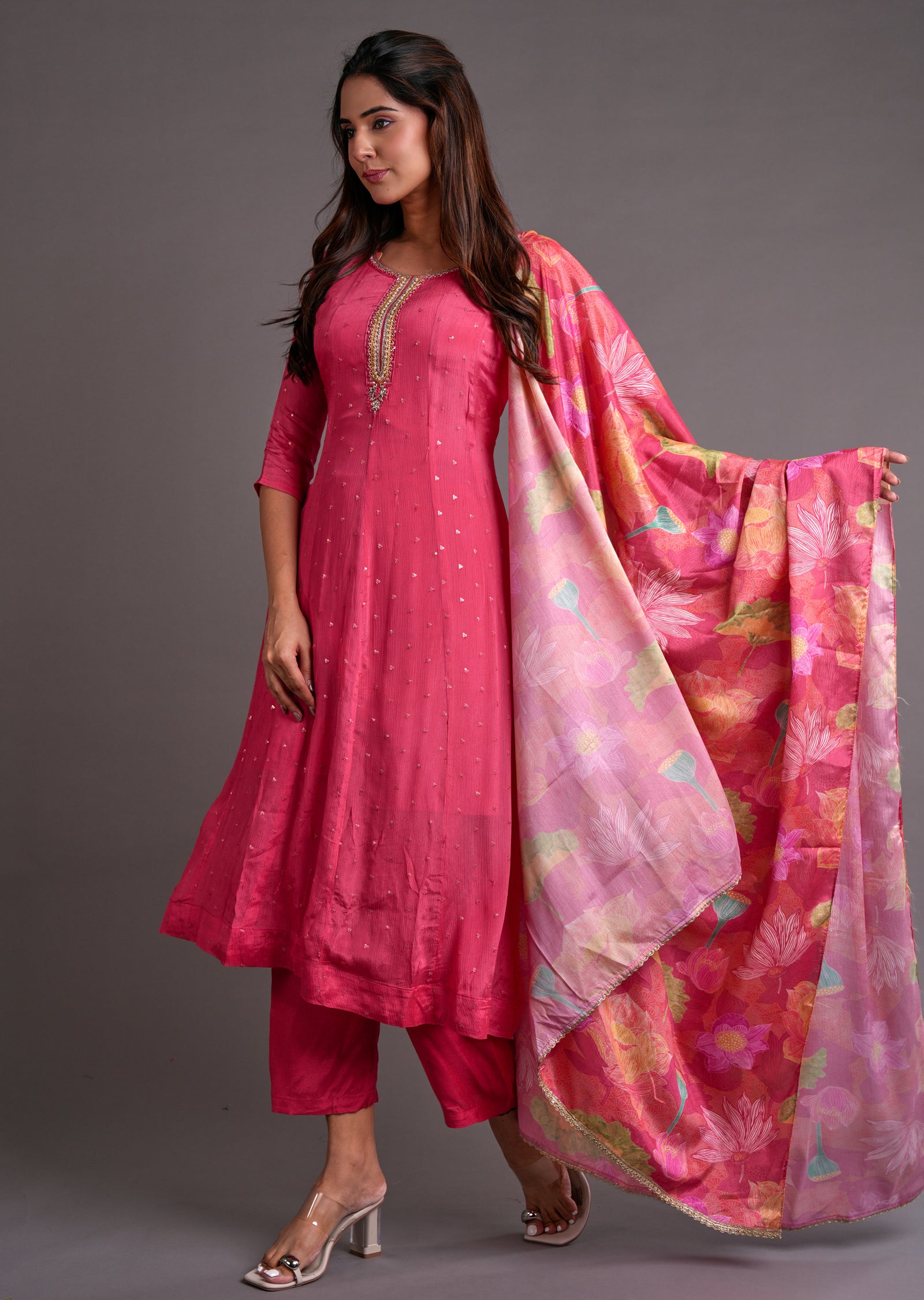 Dark Pink Chinnon Anarkali Suit